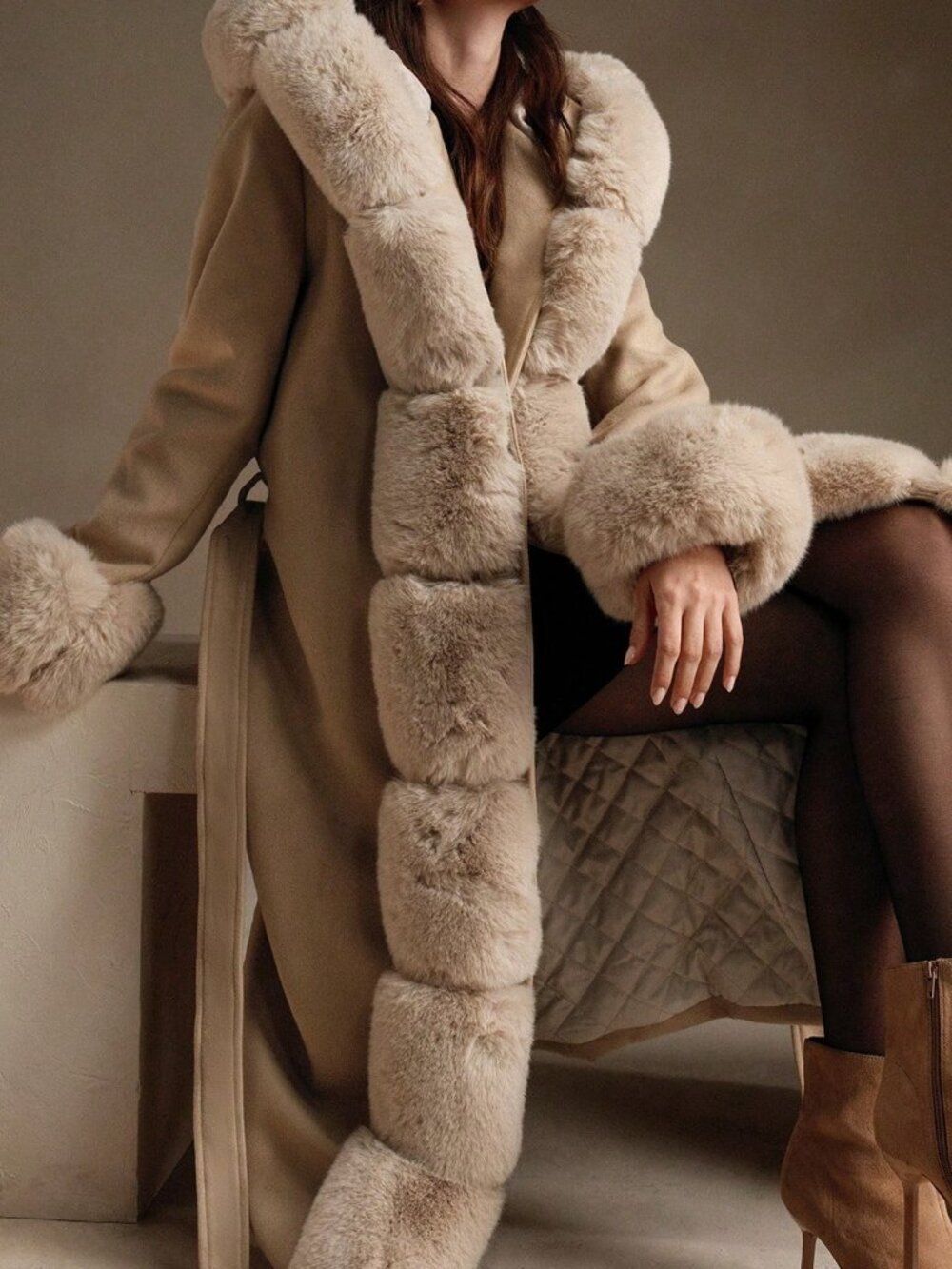 Beige Elegant Women's Oversized Fuzzy Collar Long Coat With Belt